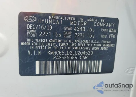 2020 Hyundai Ioniq Se from USA, damaged, VIN KMHC65LD2LU204539